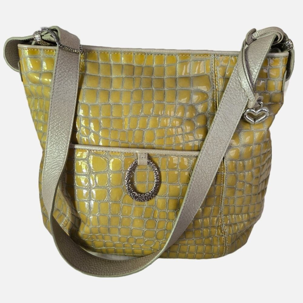 Brighton Gold Croc Embossed Patent & Pewter Leather Hobo Shoulder Bag Dust Bag